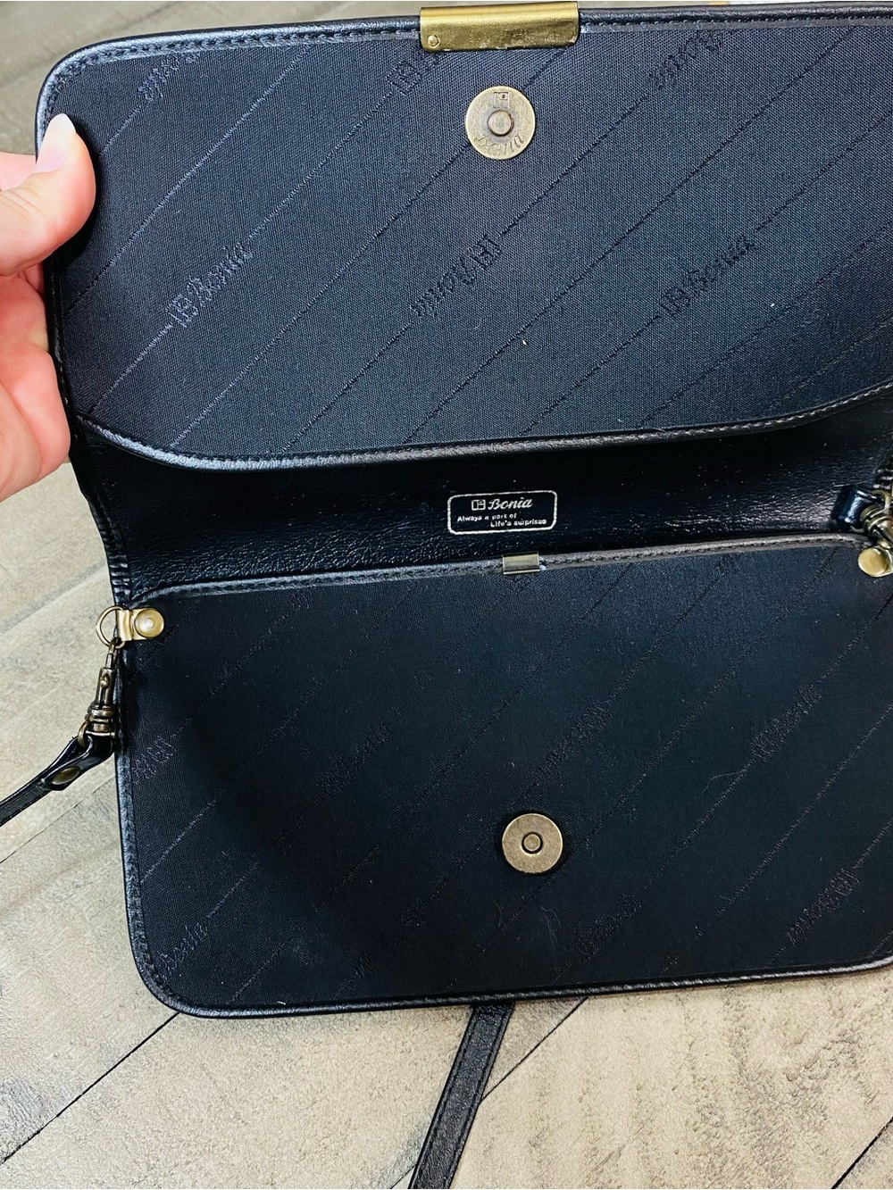 Vintage BONIA Black Monogram Canvas Leather Trim Crossbody Shoulder Bag - Picture 7 of 8